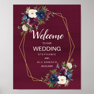 Geometrische Rahmen Burgundy Navy-Blume Hochzeit Poster