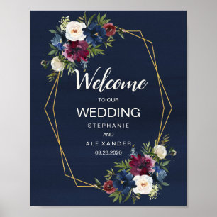 Geometrische Rahmen Burgundy Navy-Blume Hochzeit Poster