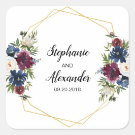 Geometrische Rahmen Burgundy Navy-Blume Hochzeit Quadratischer Aufkleber