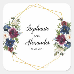 Geometrische Rahmen Burgundy Navy-Blume Hochzeit Quadratischer Aufkleber