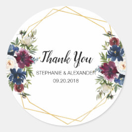 Geometrische Rahmen Burgundy Navy-Blume Hochzeit Runder Aufkleber