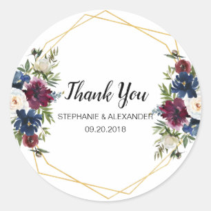 Geometrische Rahmen Burgundy Navy-Blume Hochzeit Runder Aufkleber