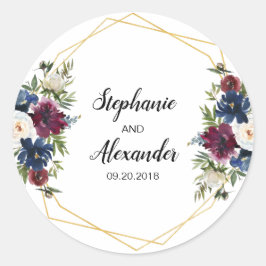 Geometrische Rahmen Burgundy Navy-Blume Hochzeit Runder Aufkleber