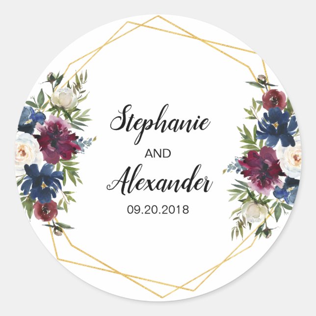 Geometrische Rahmen Burgundy Navy-Blume Hochzeit Runder Aufkleber (Vorderseite)