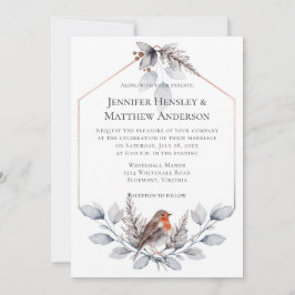 Geometrische Rahmen Silber Graurost Blätter Bird I Einladung