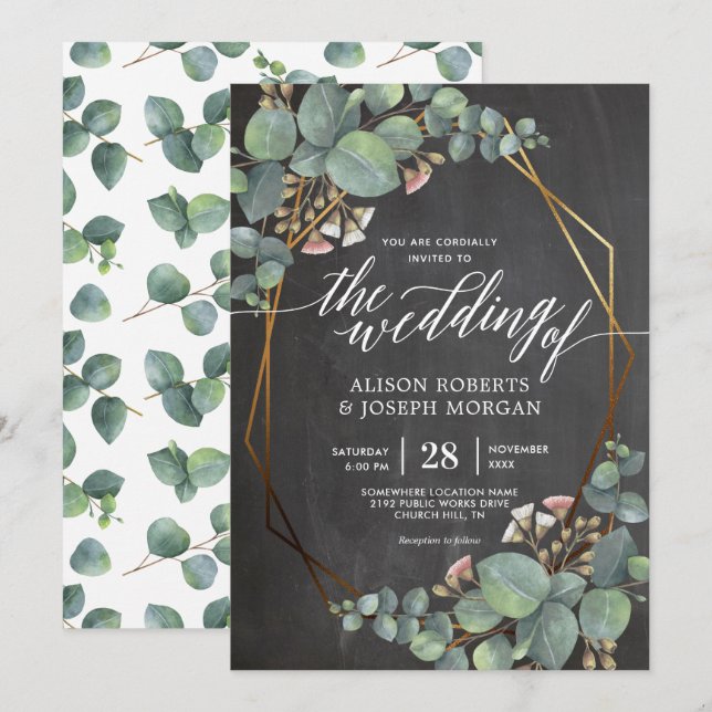 geometrische Rahmenhochzeit Eukalyptus chalkboard Einladung (Vorne/Hinten)