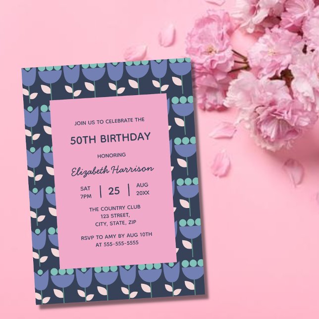 Geometrische Retro-Blume Bauhaus Navy Pink Geburts Einladung (Von Creator hochgeladen)