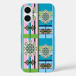 Geometrische Retro-Muster und Fantasie-Blume iPhone 16 Hülle
