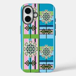 Geometrische Retro-Muster und Fantasie-Blume iPhone 16 Hülle