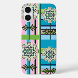 Geometrische Retro-Muster und Fantasie-Blume iPhone 16 Plus Hülle