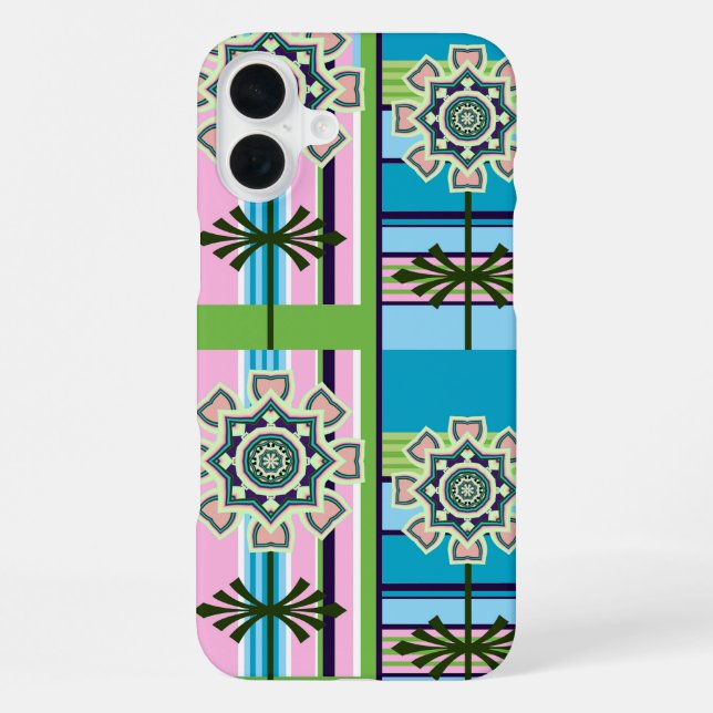 Geometrische Retro-Muster und Fantasie-Blume iPhone 16 Plus Hülle (Rückseite)