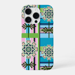 Geometrische Retro-Muster und Fantasie-Blume iPhone 16 Pro Hülle