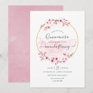 Geometrische rosa Frühlings-Kirschblüten-Quinceañe Einladung