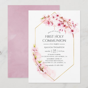 Geometrische rosa Kirschblüten-Erstkommunion Einladung