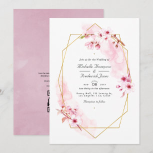Geometrische rosa Kirschblüten-QR-Code-RSVP-Hochze Einladung