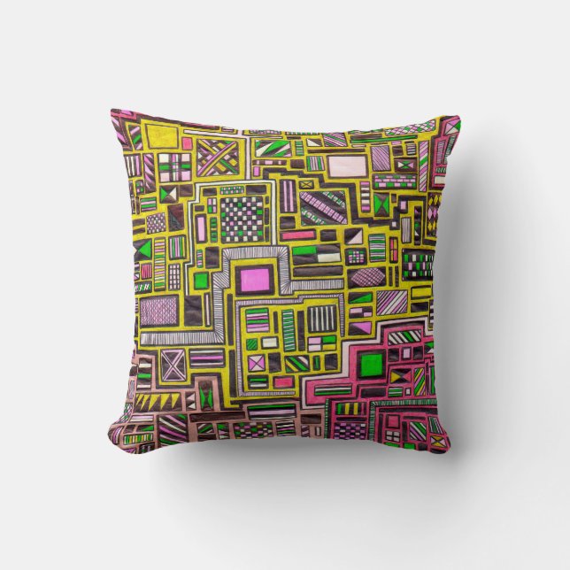 Geometrische, rosa und gelbe quadratische Kunst Kissen (Vorderseite)
