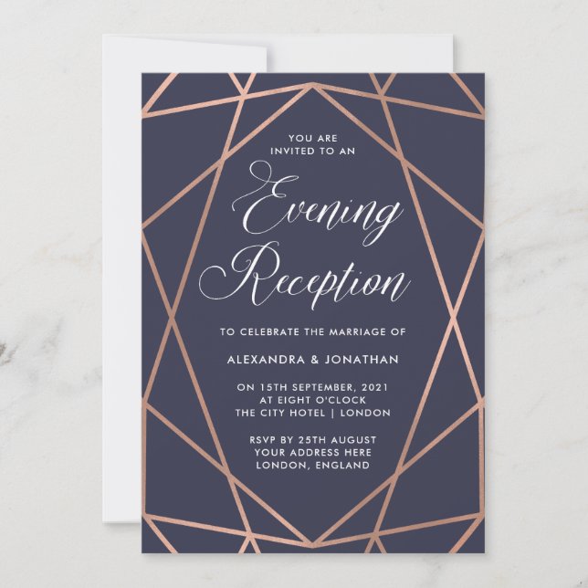 Geometrische Rose Gold auf Dunkelblauer Abend Empf Einladung (Vorderseite)