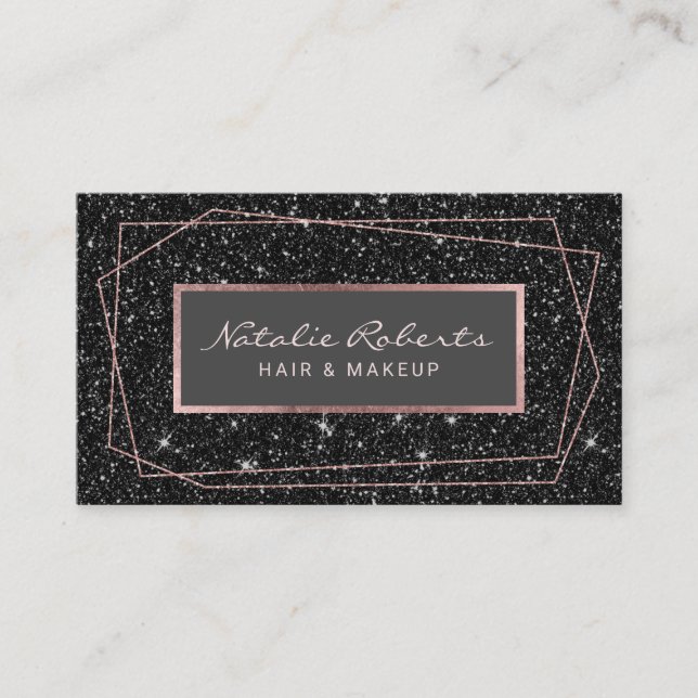 Geometrische Rose Gold Black Glitzer Makeup Artist Visitenkarte (Vorderseite)