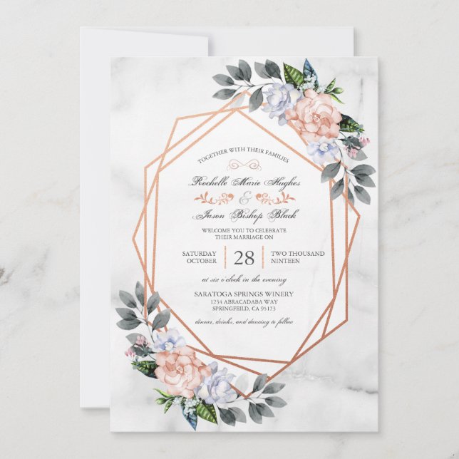 Geometrische Rose Gold Floral Wedding Einladung (Vorderseite)
