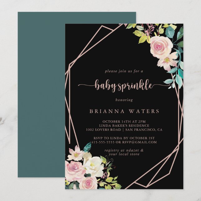 Geometrische Rose Gold Spring Floral Baby Sprinkle Einladung (Vorne/Hinten)