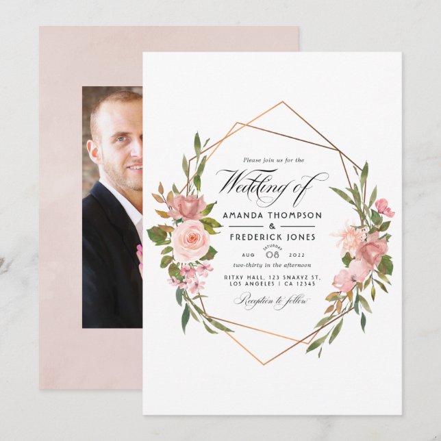 Geometrische Rose Gold und Rosa Hochzeitsstift Fot Einladung (Vorne/Hinten)