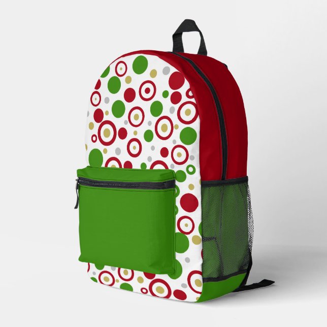 Geometrische rote Polka-Punkte Bedruckter Rucksack (Rückseitige Ecke Rechts)