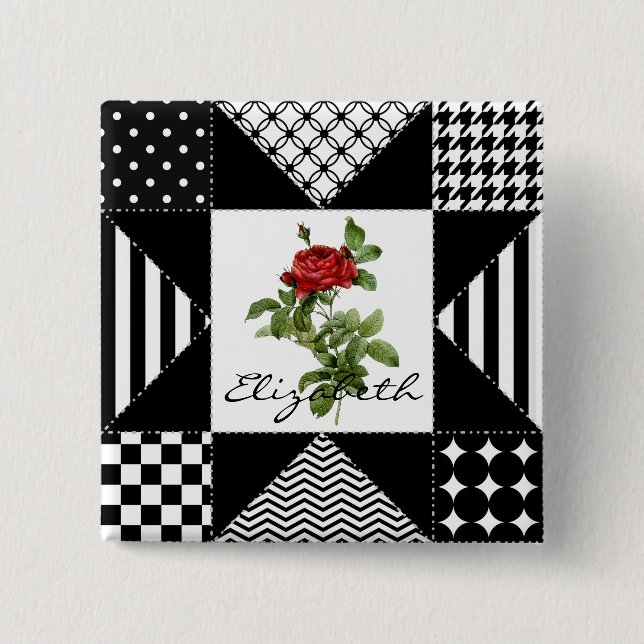 Geometrische Rote Rose von Girl Black und Weiß mit Button (Vorderseite)