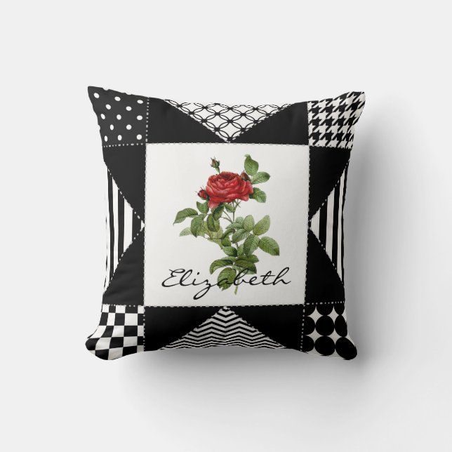 Geometrische Rote Rose von Girl Black und Weiß mit Kissen (Vorderseite)