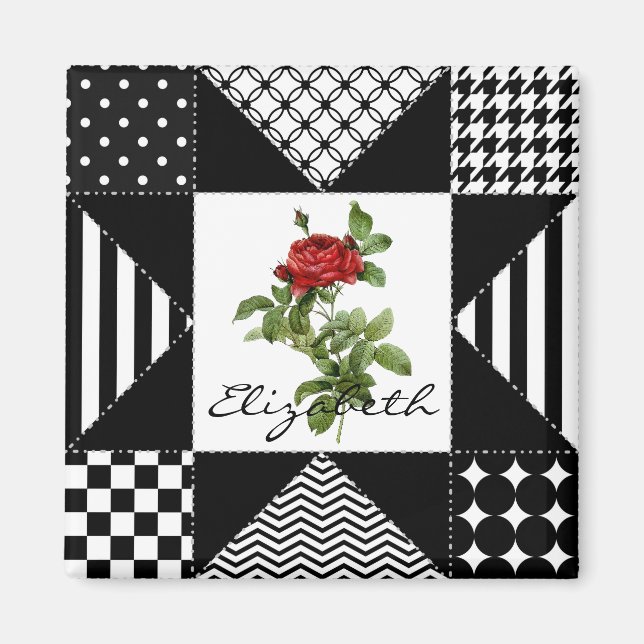 Geometrische Rote Rose von Girl Black und Weiß mit Magnet (Vorne)