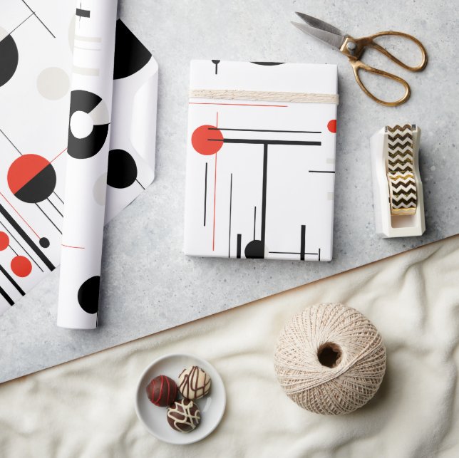 Geometrische, rote, schwarze Bauhaus-Formen auf we Geschenkpapier (Kunsthandwerk)
