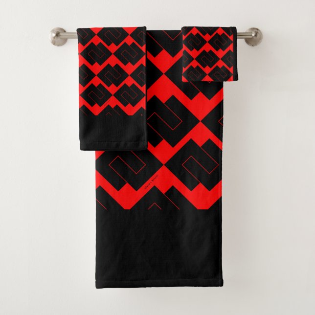 Geometrische rote schwarze Verriegelung 3 Stück Badhandtuch Set (Insitu)