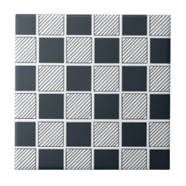 Geometrische Schachbretter, blau, weiß und schwarz Fliese