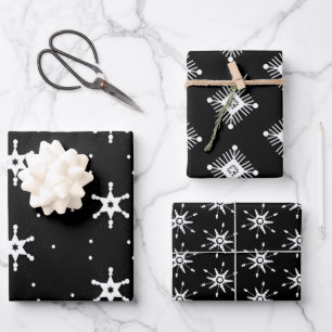 Geometrische Schneeflocken - Schwarz-weiß Geschenkpapier Set