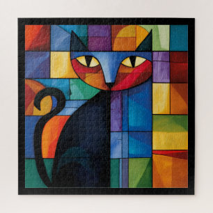 Geometrische schwarze Katze Buntglas-Raster