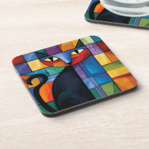 Geometrische schwarze Katze Buntglas-Raster Getränkeuntersetzer