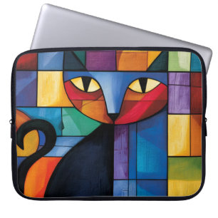 Geometrische schwarze Katze Buntglas-Raster Laptopschutzhülle