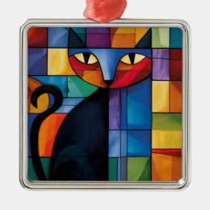 Geometrische schwarze Katze Buntglas-Raster Ornament Aus Metall