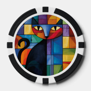 Geometrische schwarze Katze Buntglas-Raster Pokerchips