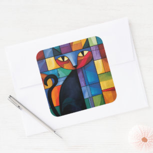 Geometrische schwarze Katze Buntglas-Raster Quadratischer Aufkleber