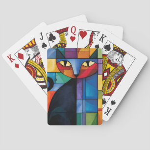 Geometrische schwarze Katze Buntglas-Raster Spielkarten