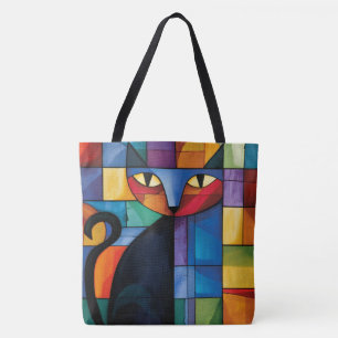 Geometrische schwarze Katze Buntglas-Raster Tasche