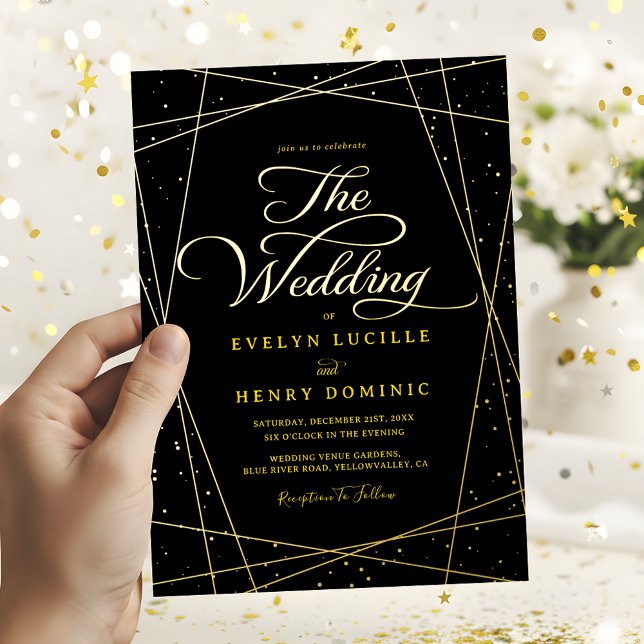 Geometrische schwarze und goldene Luxus-Hochzeit Folieneinladung (Von Creator hochgeladen)