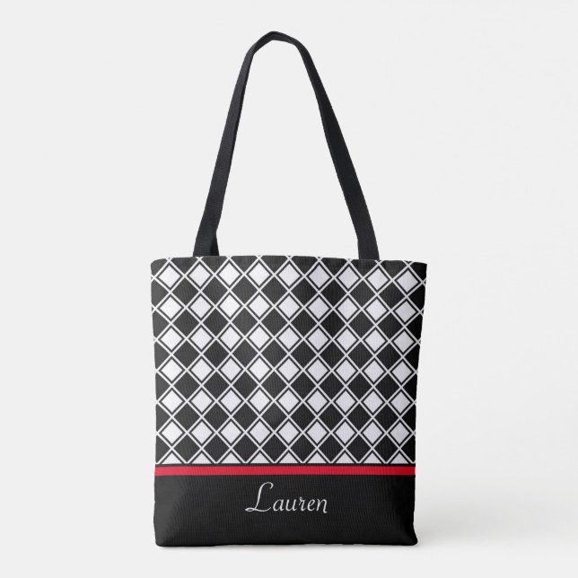 Geometrische schwarze, weiße und rautenförmige Chi Tasche (Rückseite)