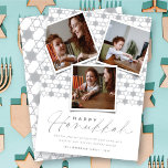 Geometrische Silberstars von David Hanukkah 3 Foto Feiertagskarte<br><div class="desc">Diese moderne Hanukkah-Karte verfügt über 3 Sofortkollagen aus Foto auf einem Hintergrund geometrischer Sternenmuster. Der Gruß ist eine Mix-Typografie eines trendigen Handschrift-Skripts und einfachen Sans Serif Text. Der "Happy Hanukkah"-Gruß und der Hintergrund können in jede Farbe Ihrer Wahl geändert werden. Entworfen / Original-Kunstwerk von fat*fa*tin. Einfach mit eigener Textnachricht, Name,...</div>