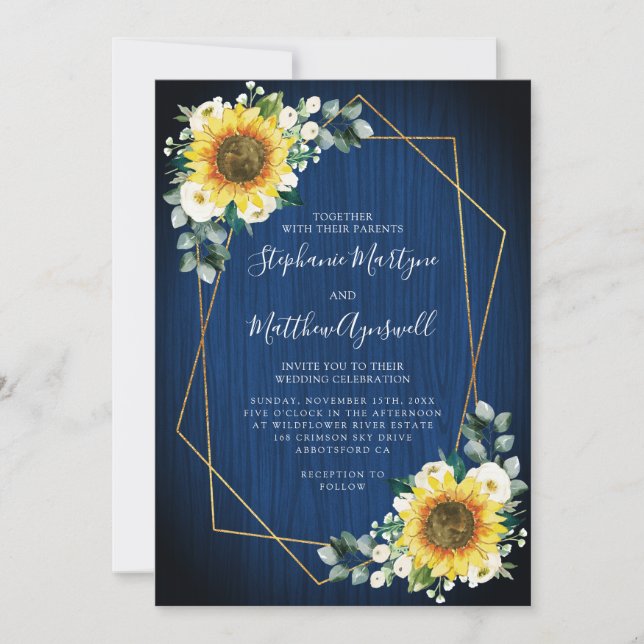 Geometrische Sonnenblumen Hochzeit von Navy Blue F Einladung (Vorderseite)