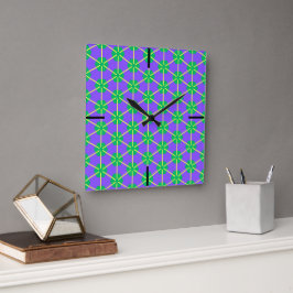Geometrische Sternenexplosion in Lila, Grün und Ge Quadratische Wanduhr