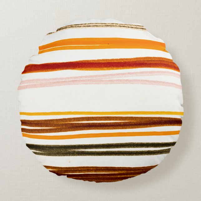 Geometrische Streifen, Aquarellbilder in Orange Rundes Kissen (Vorderseite)