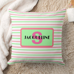 Geometrische Streifen für Monogramm, rosa, weiß Kissen