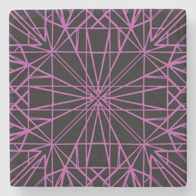 Geometrische Symmetrie Schwarz & Lila/Magenta Steinuntersetzer (Vorderseite)