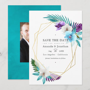 Geometrische tropische Orchideen-Hochzeitsfoto Save The Date
